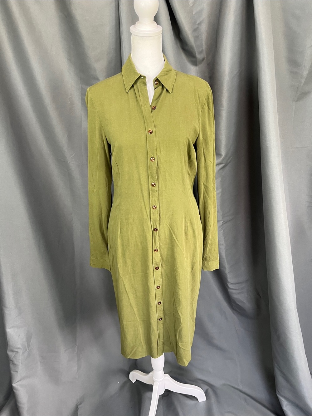 Olive Green Button-Down silk/spandex blend Shirt Dress